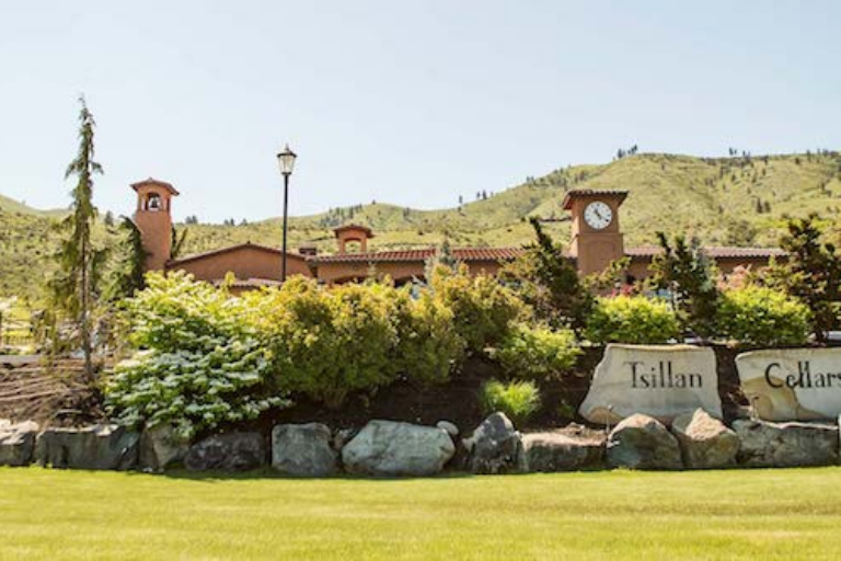 This image shows a picturesque vineyard with a building featuring a terracotta roof, nestled in a lush landscape with hills in the background.